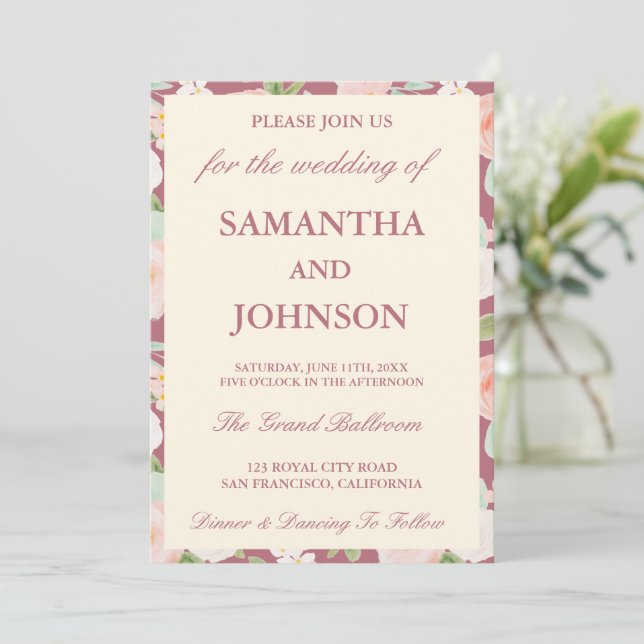 Convites Casamento Floral de Marfim Antigo em Dourado Rosa  (Em pé/Frente)