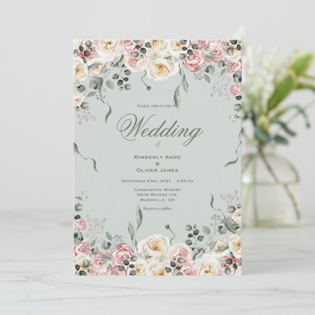 Convites Casamento Floral de Marfim Bliush Rosa Elegante (Em pé/Frente)
