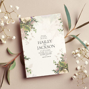 Convites Casamento floral de marfim branco roxo botulínico
