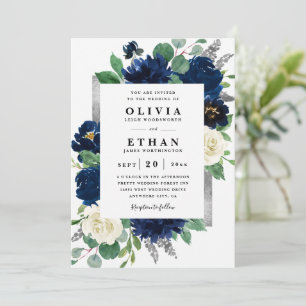 Convites Casamento Floral de Marfim Elegante Azul Naval e P