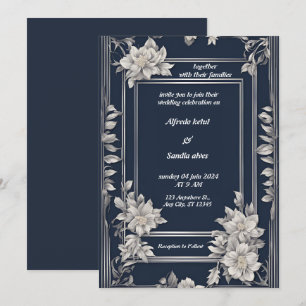 Convites Casamento Floral de Marfim Elegante e marinho Azul