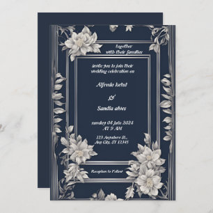 Convites Casamento Floral de Marfim Elegante e marinho Azul
