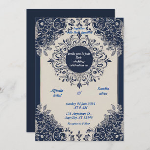 Convites Casamento Floral de Marfim Elegante e marinho Azul