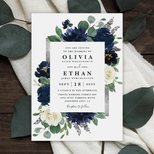 Convites Casamento Floral de Marfim Elegante e marinho Azul