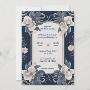 Convites Casamento Floral de Marfim Elegante e marinho Azul