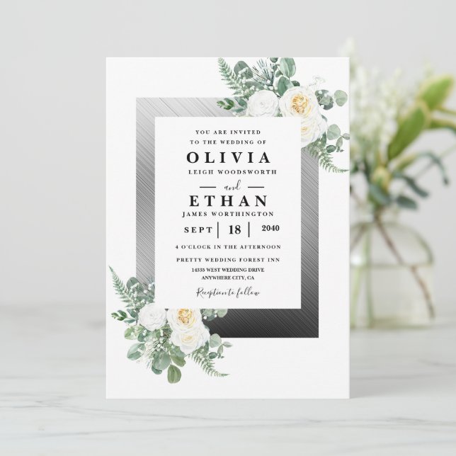 Convites Casamento Floral de Marfim Elegante e marinho Azul (Em pé/Frente)