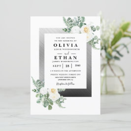 Convites Casamento Floral de Marfim Elegante e marinho Azul