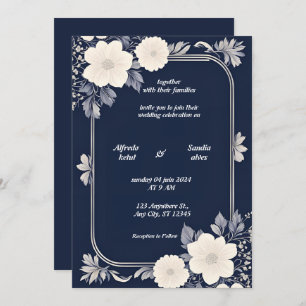 Convites Casamento Floral de Marfim Elegante e marinho Azul