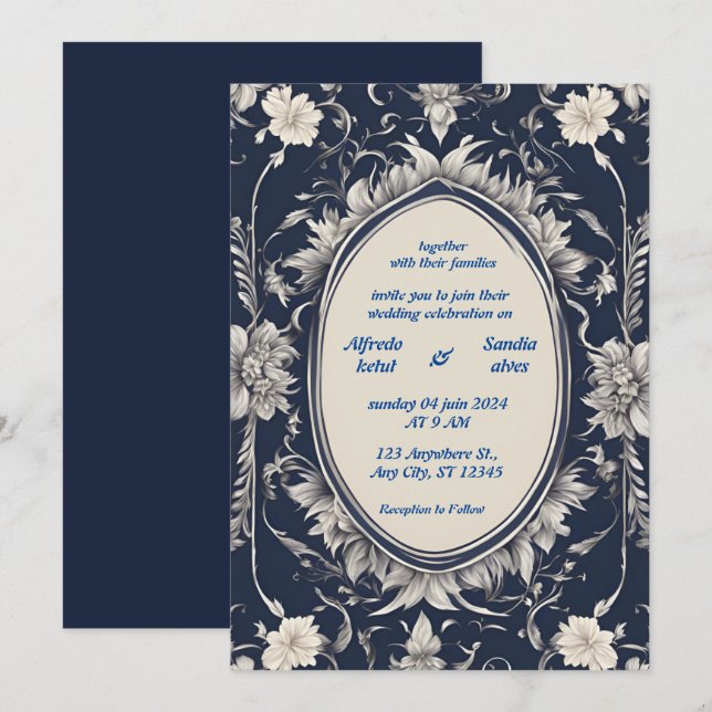 Convites Casamento Floral de Marfim Elegante e marinho Azul (Frente/Verso)