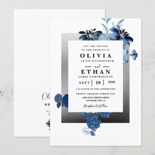 Convites Casamento Floral de Marfim Elegante e marinho Azul