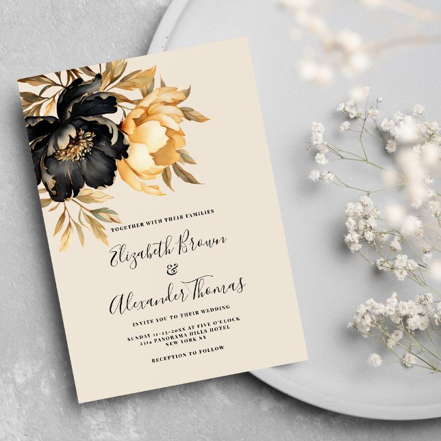Convites Casamento floral de marfim preto de ouro Elegante (Elegant gold black ivory mint peony floral wedding)