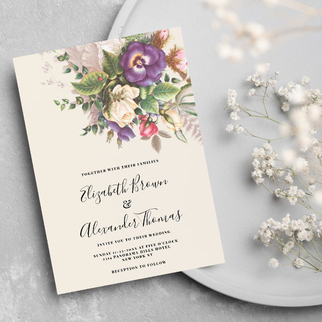 Convites Casamento floral de marfim púrpura Elegante (Elegant botanic purple ivory green floral wedding invitation )