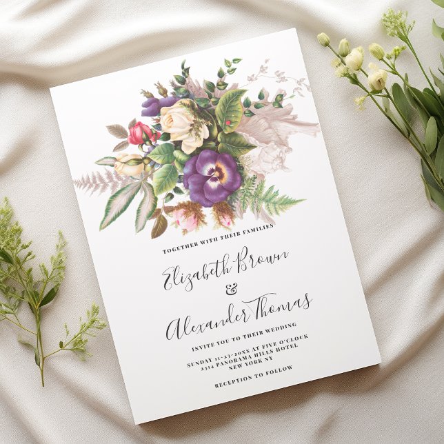 Convites Casamento floral de marfim roxo e legado (Elegant vintage purple ivory green floral wedding )