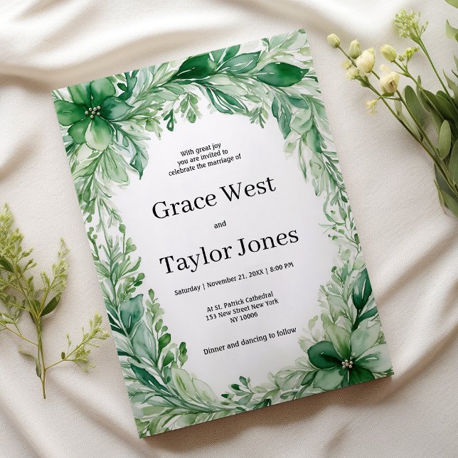 Convites Casamento floral de marfim verde da floresta branc (Watercolor white forest green ivory floral Wedding )