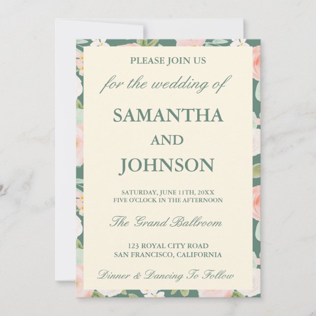 Convites Casamento Floral de Marfim Verde Eucalipto Moderno (Frente)