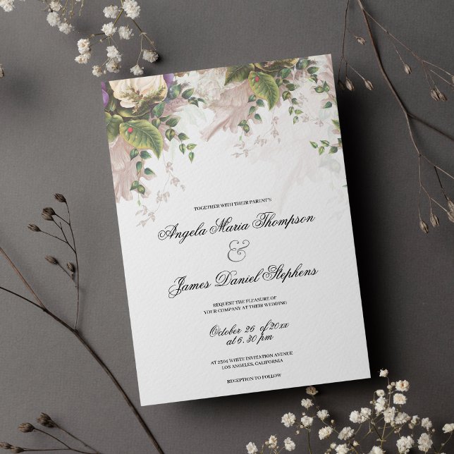 Convites Casamento floral de marfim verde roxo estilo Vinta (Vintage style purple green ivory floral wedding invitation )
