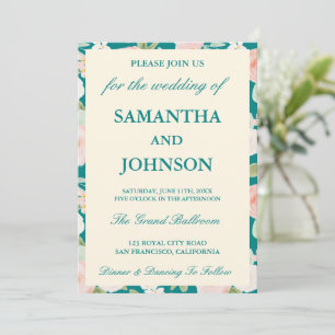 Convites Casamento Floral de Marfim Vintage Azul Turquesa M