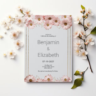 Convites Casamento floral de margarida rosa de cinza pastel
