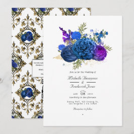 Convites Casamento Floral de marinho Azul, Dourado e Púrpur
