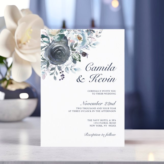 Convites Casamento Floral de Marinho Azul Dusty (Watercolor Dusty Blue Navy Floral Wedding Invitation)