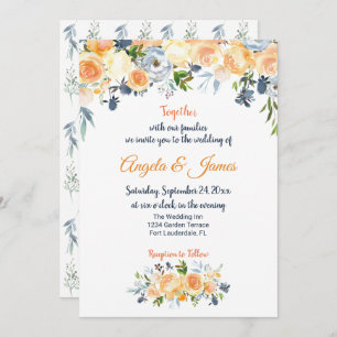 Convites Casamento Floral de marinho Azul e Coral Watercolo