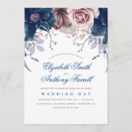 Convites Casamento Floral de marinho Azul e Moluva Watercol
