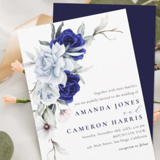 Convites Casamento Floral de Marinho Azul Elegante