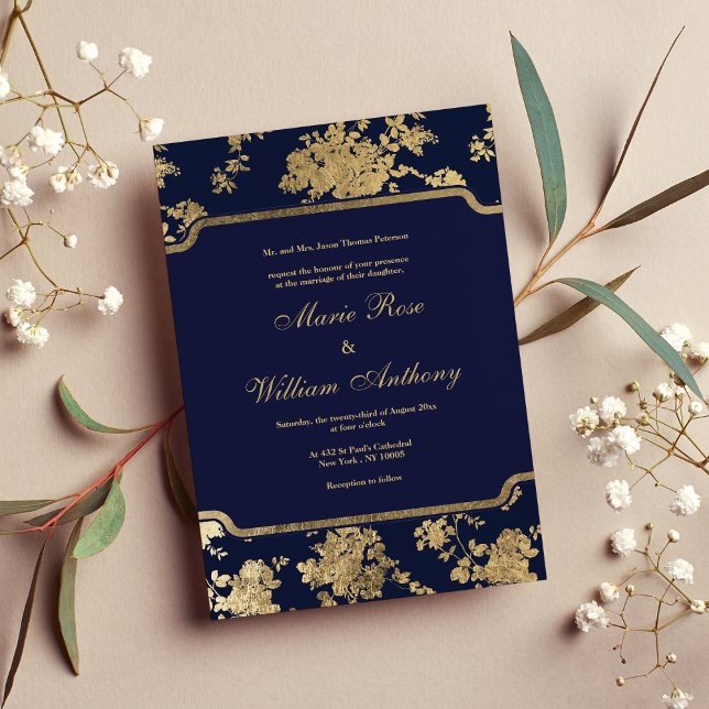 Convites Casamento floral de marinho azul esverdeado de giz (Elegant chic navy blue faux gold floral Wedding Invitation)