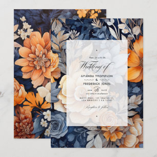 Convites Casamento Floral de marinho Azul, Laranja Queimado
