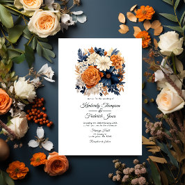 Convites Casamento Floral de marinho Azul, Laranja Queimado