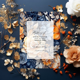Convites Casamento Floral de marinho Azul, Laranja Queimado