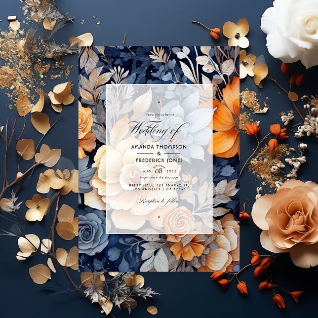 Convites Casamento Floral de marinho Azul, Laranja Queimado (Criador carregado)