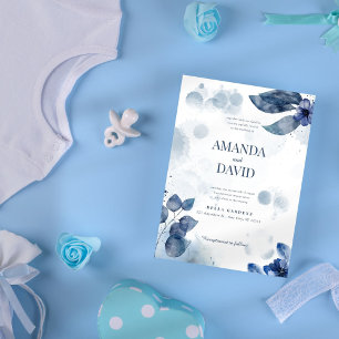 Convites Casamento Floral de Marinho Azul-Vidro