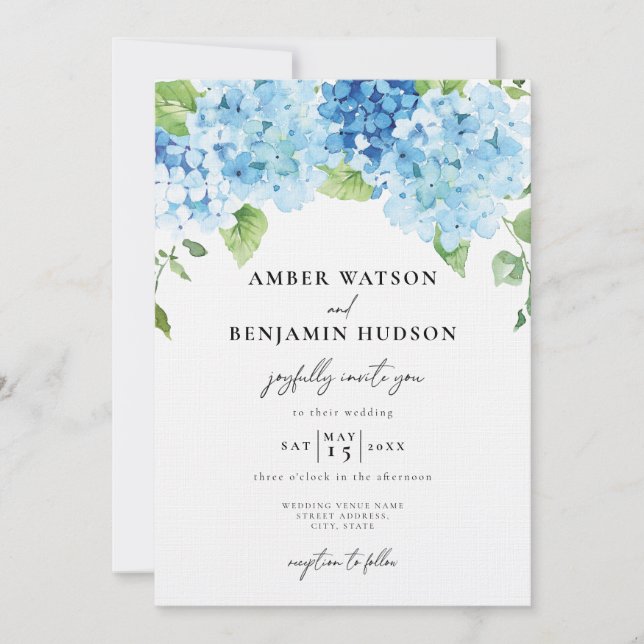 Convites Casamento Floral de Marinho Dusty Hydrangea Azul C (Frente)
