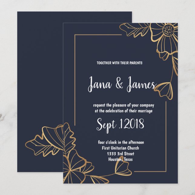 Convites Casamento floral de marinho e ouro (Frente/Verso)