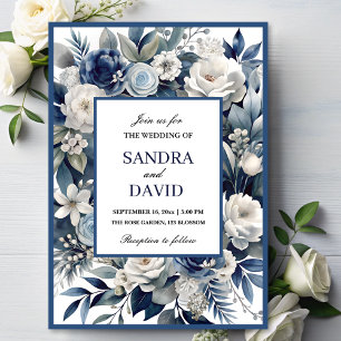 Convites Casamento Floral de Marinho Elegante Blue e Silver