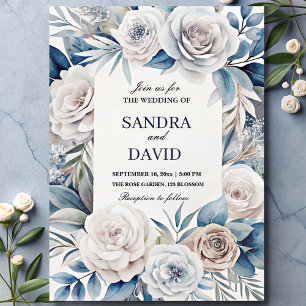 Convites Casamento Floral de Marinho Elegante Blue e Silver