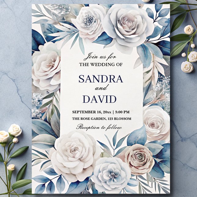 Convites Casamento Floral de Marinho Elegante Blue e Silver (Criador carregado)