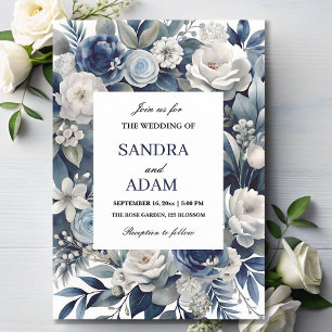 Convites Casamento Floral de Marinho Elegante Blue e Silver
