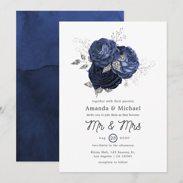 Convites Casamento Floral de Marinho Russo e Faux Glitter S (Frente/Verso)