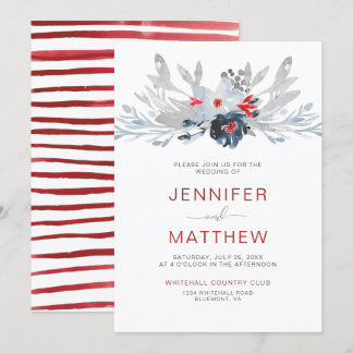 Convites Casamento Floral de Marinho Vermelho Moderno Strip