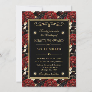 Convites Casamento Floral de Mármore Vermelho Preto e Doura