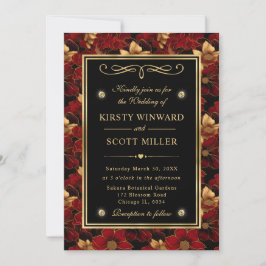 Convites Casamento Floral de Mármore Vermelho Preto e Doura