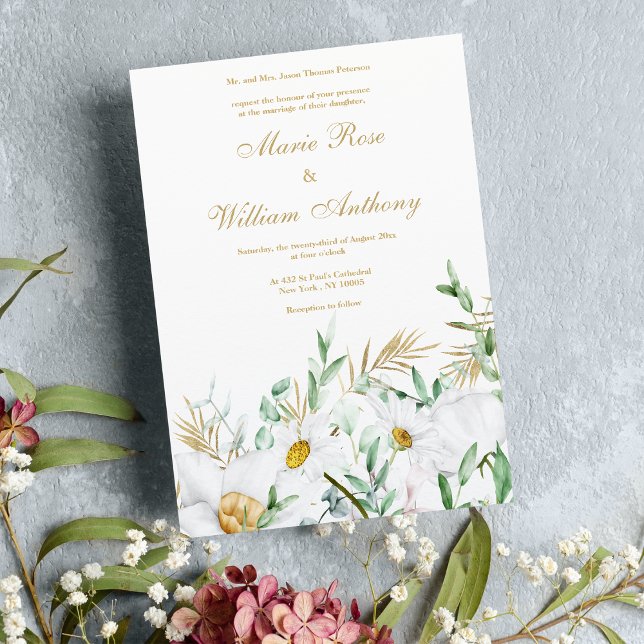 Convites Casamento floral de marrãs brancas de ouro botânic (Botanical white gold mint daisies floral Wedding )