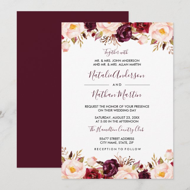Convites Casamento Floral de Marsala Burgundy Red Watercolo (Frente/Verso)