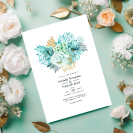 Convites Casamento Floral de Mint e Dourado Watercolor