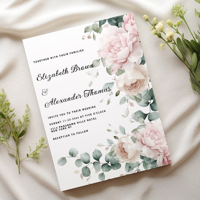 Convites Casamento floral de minta rosada Elegante eucalipt (Elegant pink mint eucalyptus peony floral Wedding)