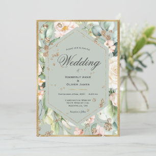 Convites Casamento Floral de Mola de Água Dourada Verde Sag