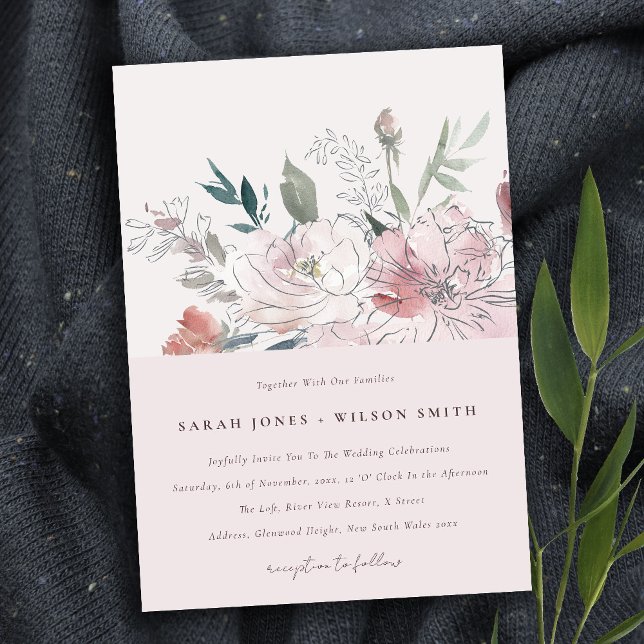 Convites Casamento Floral de Mola Fluvial Dusky Blush (Criador carregado)