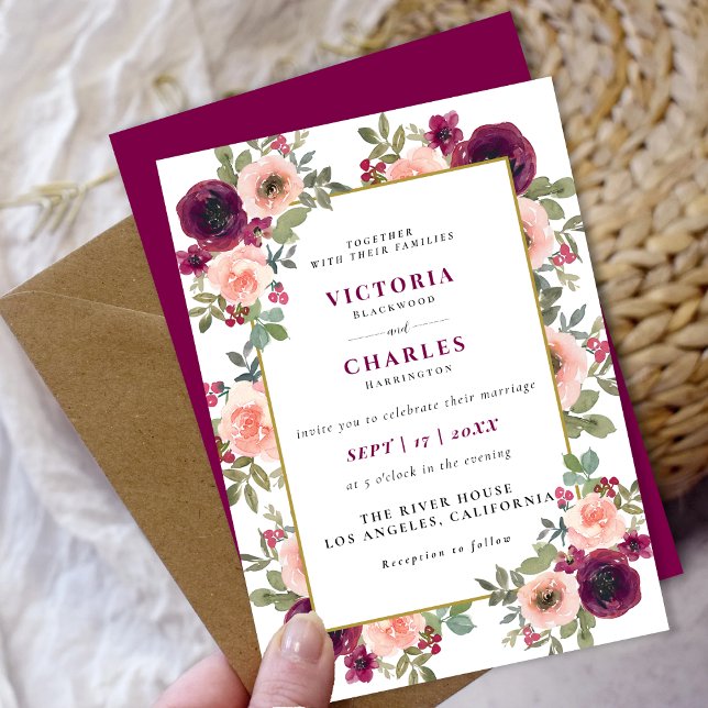 Convites Casamento Floral de Mola Hidrográfica Mínima Rústi (Rustic Minimalist Blush Watercolor Floral Wedding Invitation)